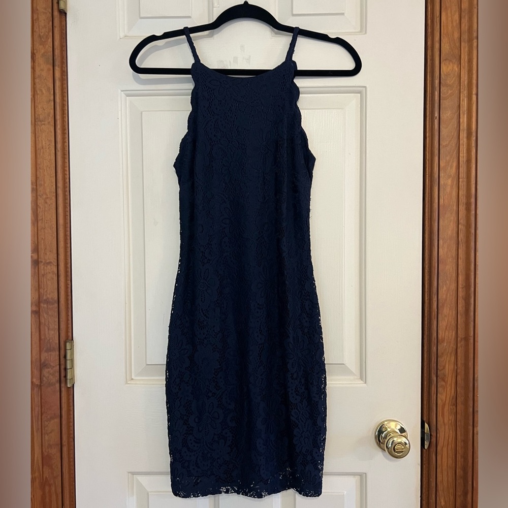 A. Byer Navy Scallop Lace Dress